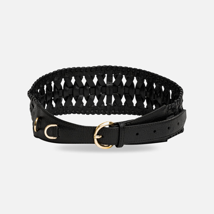 Black leather belt with gold circular buckle and woven strap design