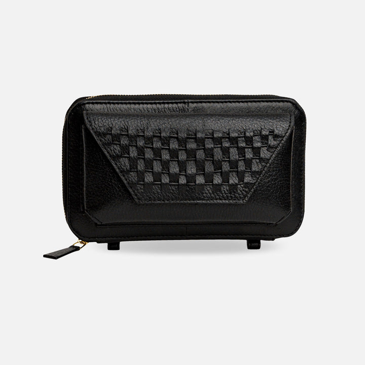 Black leather zip wallet with woven flap detail on front against white background