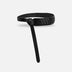 Black leather belt with woven textured detail and elongated tip on plain background