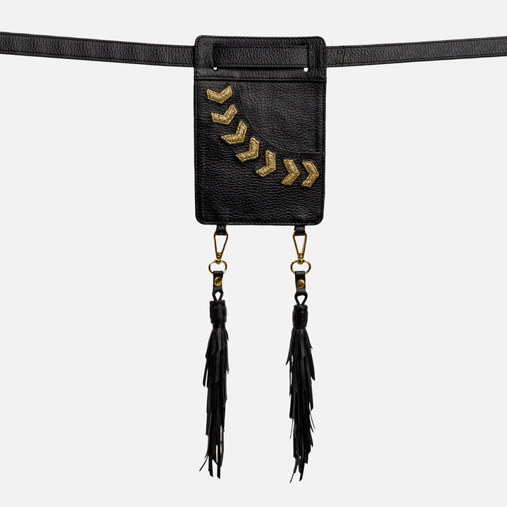 Black leather belt bag with gold arrow embellishments and long black fringe tassels