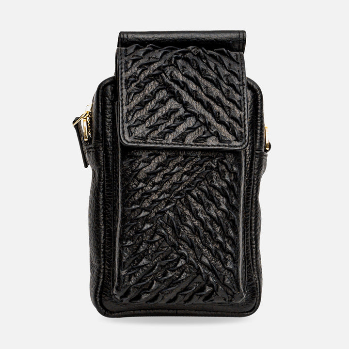 Black leather crossbody bag with textured woven pattern and gold zipper accents