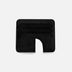 Minimalist black leather card holder with four slots and curved cutout on white background