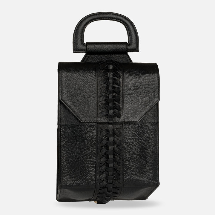 Black leather backpack with braided detailing and a rounded top handle on white background