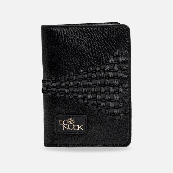 Black leather wallet with woven detail and EcoNock branded patch on front