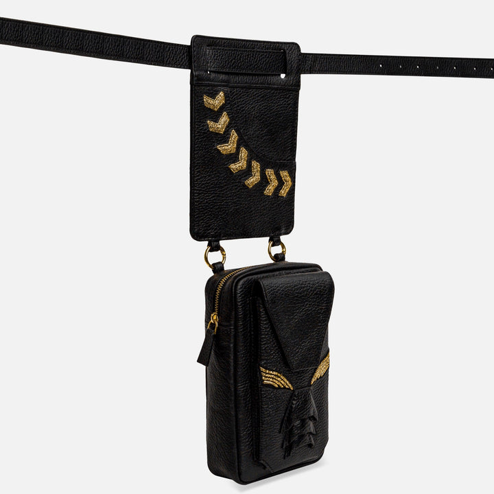 Black leather belt bag with gold arrow embellishments and tassel detail on front pouch