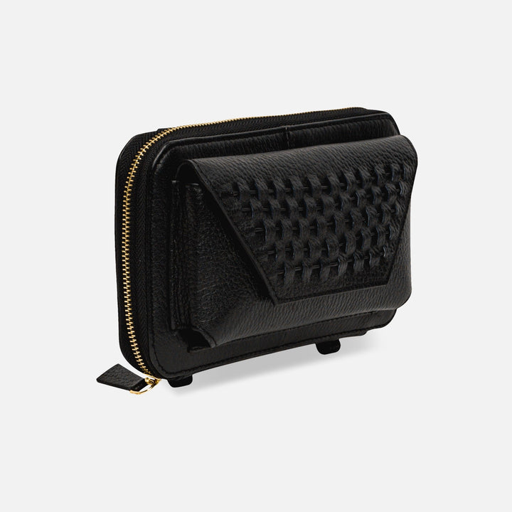 Black leather wallet with gold zipper and woven textured flap pocket on white background
