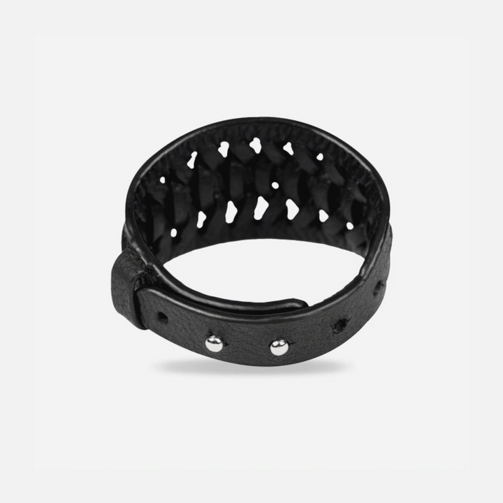 Black braided leather wristband with metal studs and adjustable buckle
