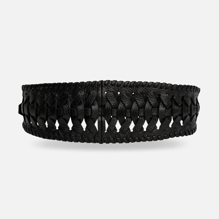 Black woven leather belt with intricate braided pattern on white background