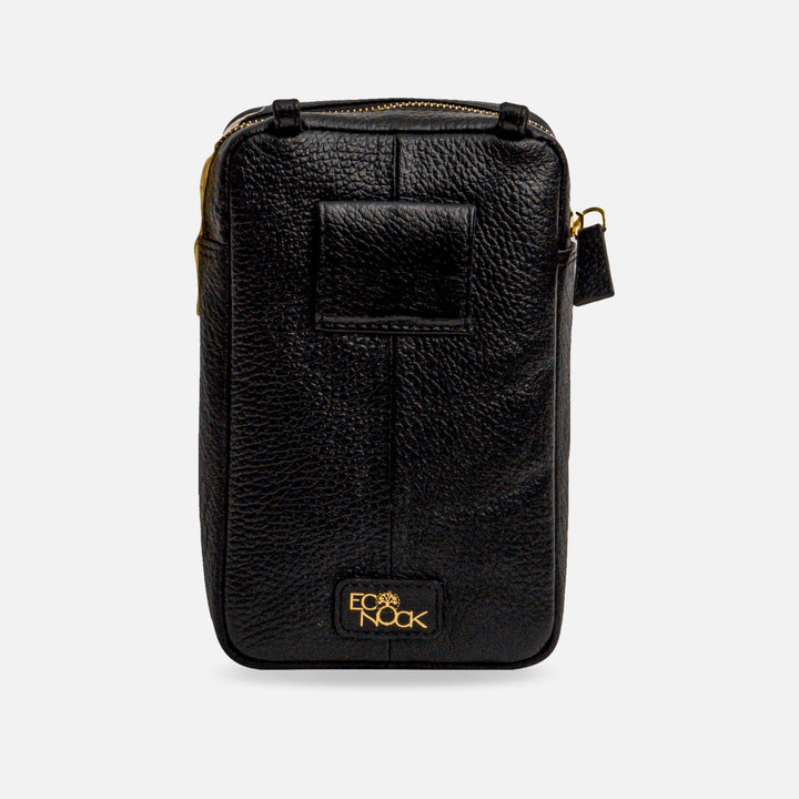 Black textured leather EcoNock small zippered pouch with front patch and gold logo