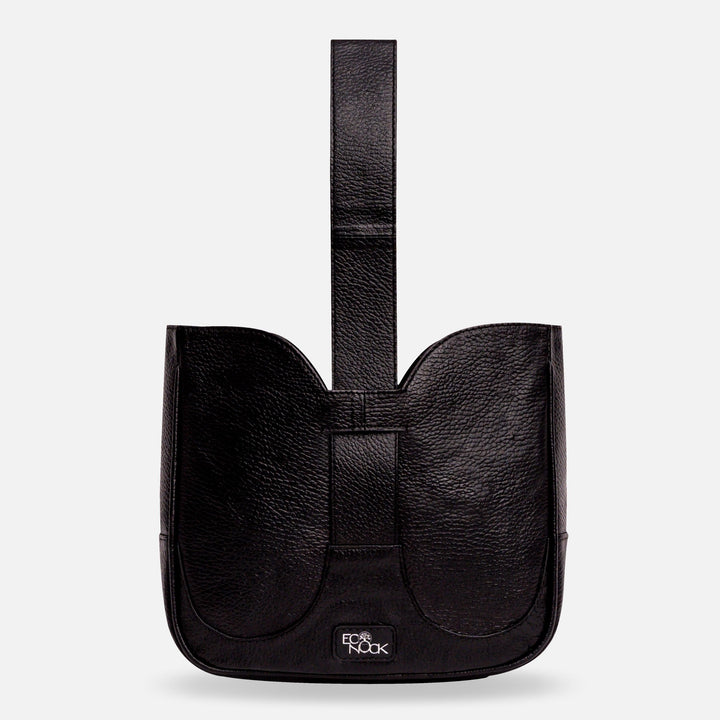 Black textured leather handbag with a central strap and Ec Nook logo on front