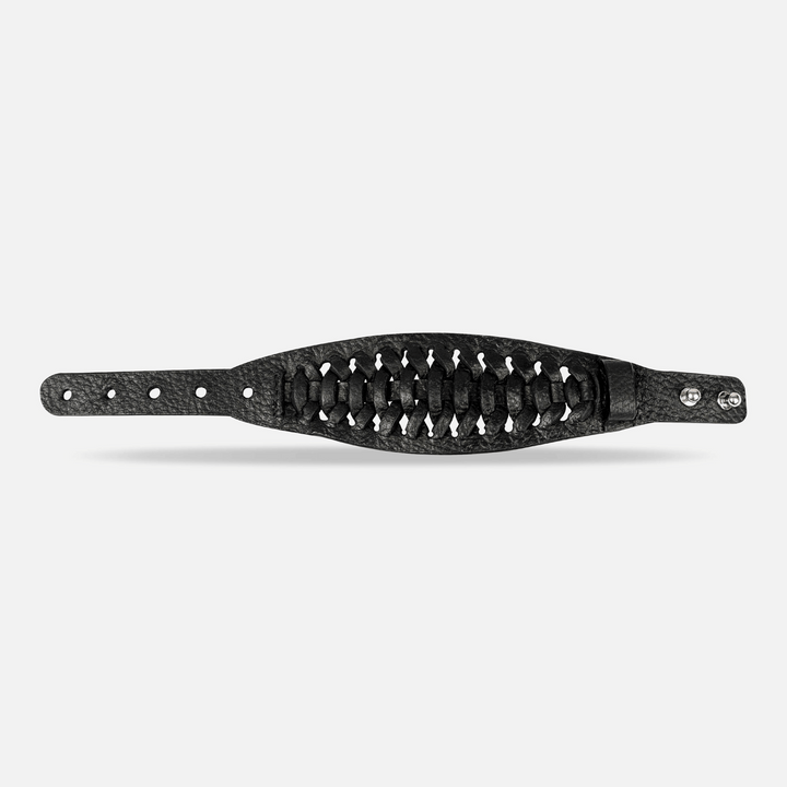 Black braided leather wrap bracelet with adjustable strap and metal snap buttons