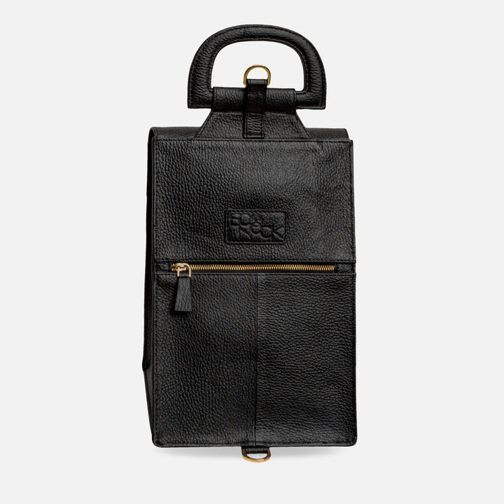 Black textured leather rectangular handbag with top handle, gold zipper, and embossed logo