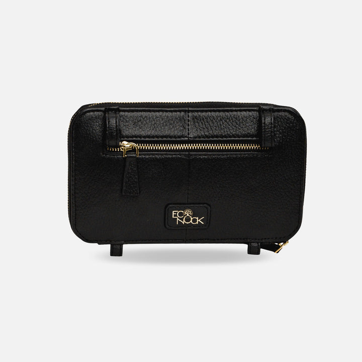 Black textured leather wallet with gold zipper and Eco Nook logo on front