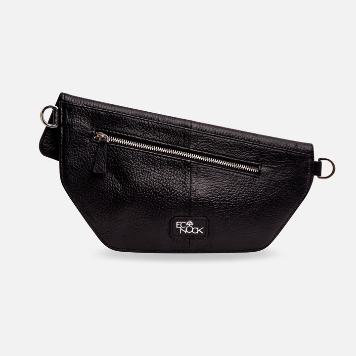 Black textured leather waist bag with zip pocket and Eco Nook logo on front