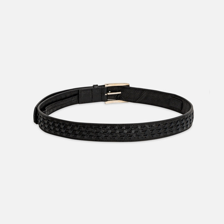 Black leather belt with woven texture and silver buckle on white background