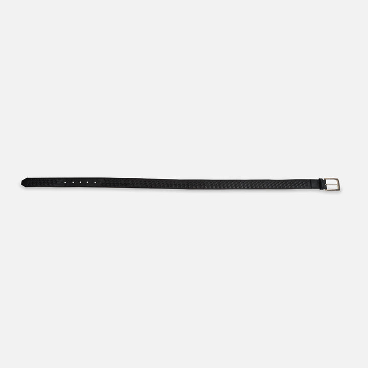 Black leather belt with woven texture and silver buckle on white background