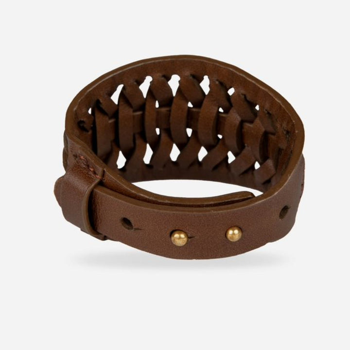 Brown braided leather bracelet with metal studs, vintage tribal wristband style