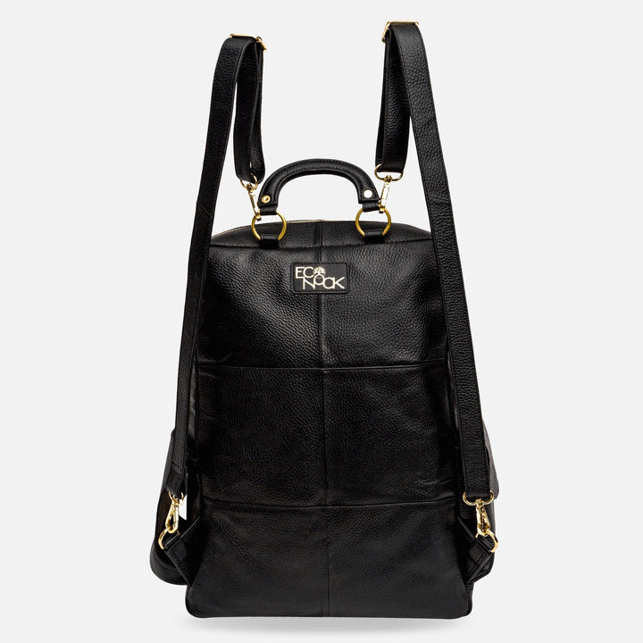 Black designer leather backpack with gold hardware and top handle 