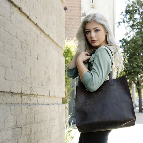 Genuine Top Grain Cowhide Leather Raw Edge Tote Bag