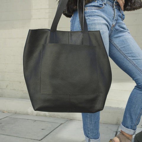Genuine Top Grain Cowhide Pebble Leather Journalist Tote with Removable Shoulder Strap