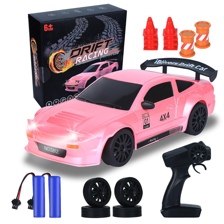 iBlivers Mini RC Drift Car with Full Proportional Throttle 1:24 Remote Control Car 4WD Drift GT-RX7 RC Cars Vehicle High-Speed Racing RC Drifting Car Gifts Toy for Boys Kids (Pink)