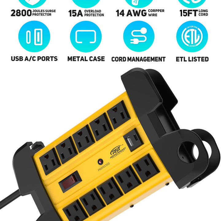 CRST 10-Outlet Heavy Duty Metal Power Strip | USB-C, 2800J Surge, ETL Listed