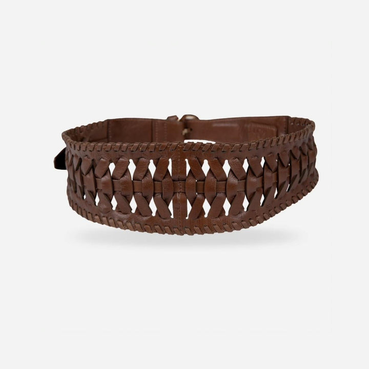Handcrafted tan brown upcycled leather waist belt with woven design