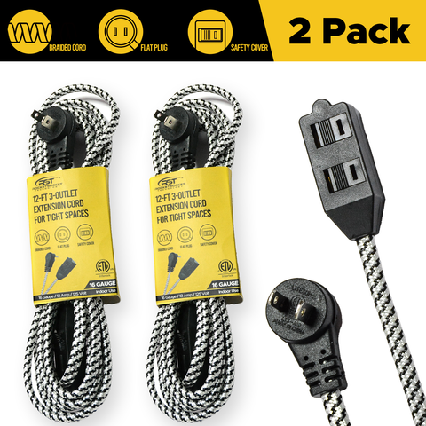 CRST 2-Pack 12ft Flat Extension Cords, 3 Outlets, 16AWG, ETL Listed