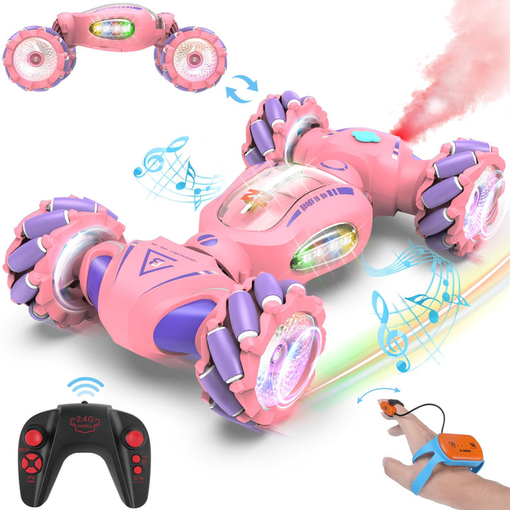 Fosgoit Pink Remote Control Car Toys for Girls 6-12 Birthday Gifts for 6 7 8 9 10 11 12 Year Old Girl 2.4GHz 4WD 360° RC Drift Car Gesture Sensing RC Stunt Car with Light Music Spray