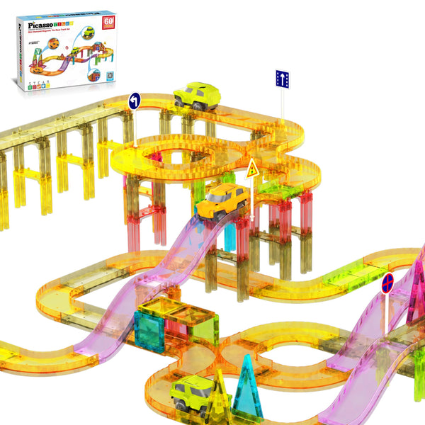 PicassoTiles 60-Piece Magnetic Race Car Track Set