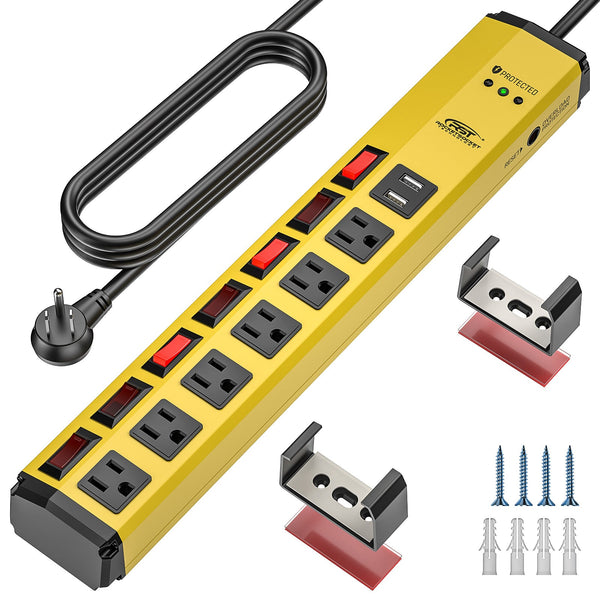 CRST 6-Outlet Metal Power Strip with 2 USB Ports, 1200J Surge Protection