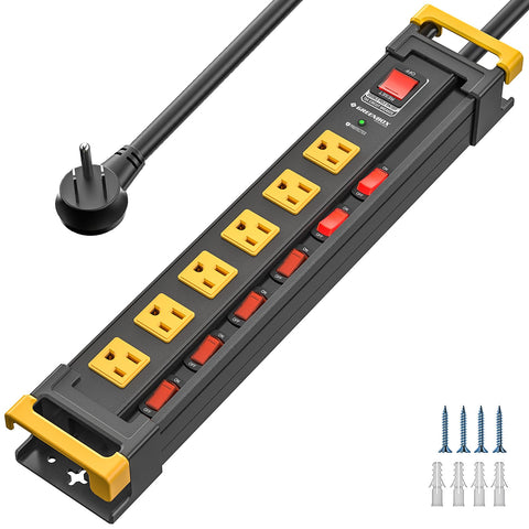 Mountable Metal Power Strip, 6–12 Outlets, Individual Switches, 3300J Surge Protection