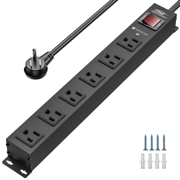 CRST 6 Outlets Wide Spaced Mountable Metal Power Strip Surge Protector, 2100 Joules Protection, Easy Mounting, 6FT