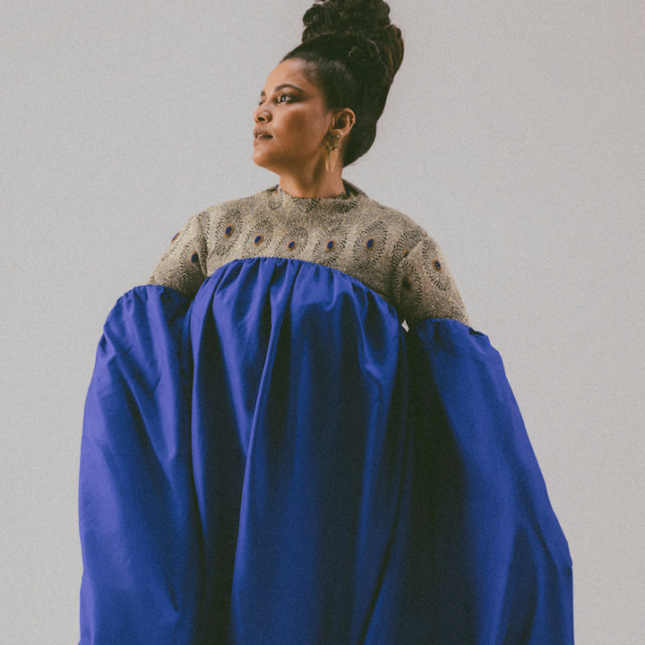 Woman with braided updo wearing an elegant blue gown with a patterned gold top looking sideways