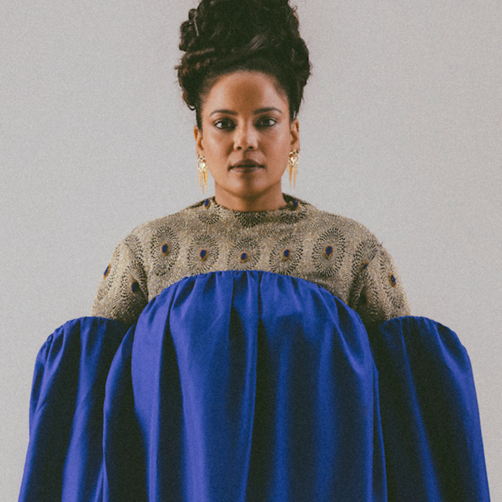 Portrait of woman with dark updo wearing blue dress with gold patterned top and statement earrings