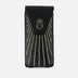 Black upcycled leather phone sling with gold embroidered rays and ring design on flap