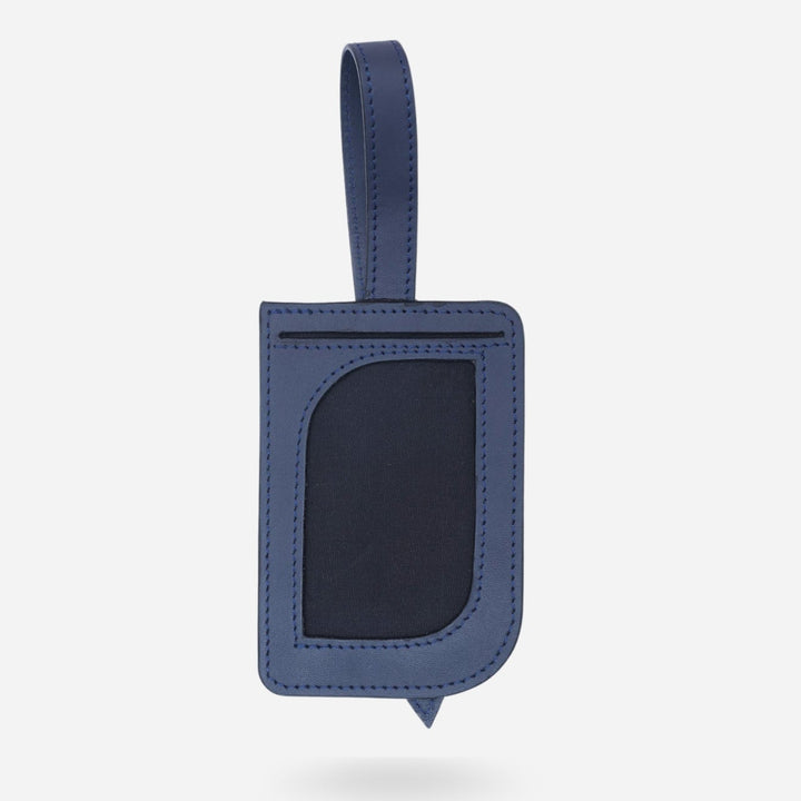 Timeless metallic blue leather luggage tag with stitched edges and loop handle