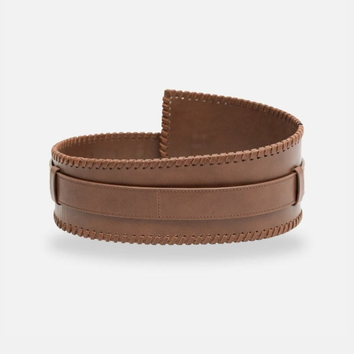 Timeless tan leather wide waist belt with hand-stitched edges, handcrafted in India