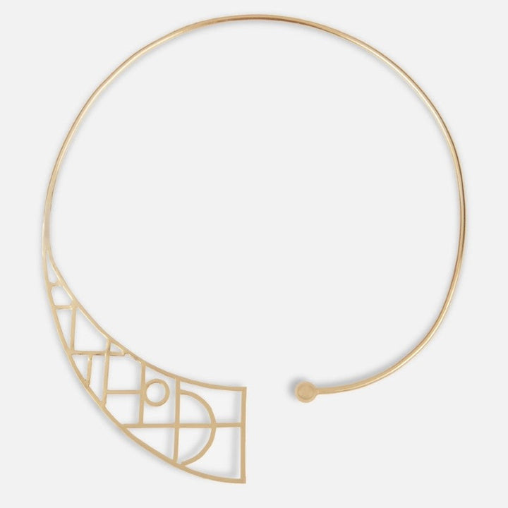 Minimalist gold metal wire choker neckpiece with geometric openwork design on white background