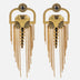 Pair of gold metal earrings with black enamel accents and multiple hanging chain tassels on white background