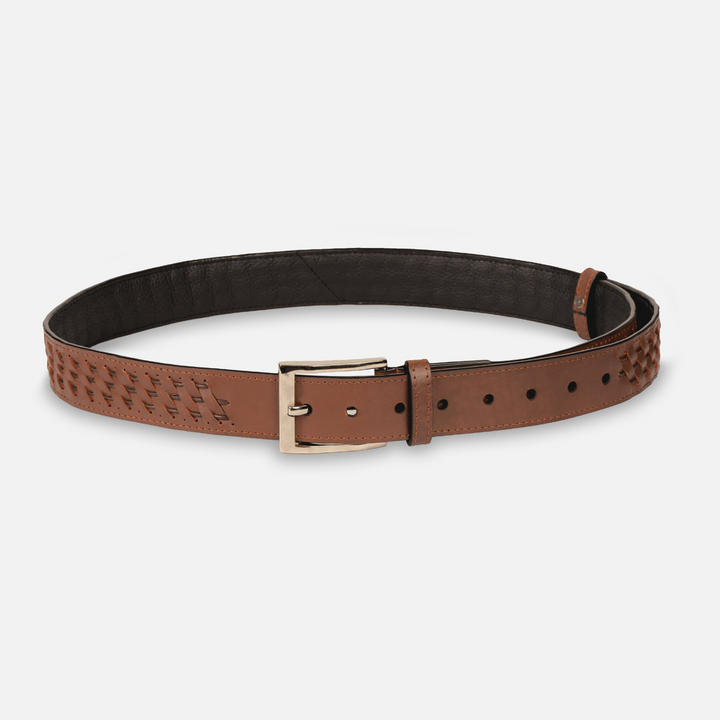 Timeless tan leather men's waist belt with silver buckle and woven detail, handcrafted in India