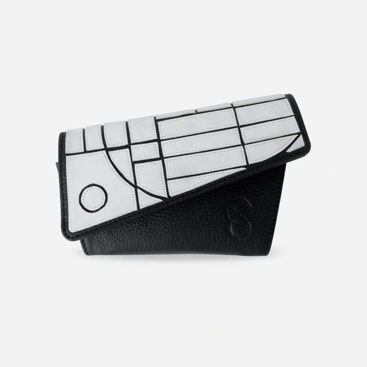 Black leather trifold wallet with white geometric stitched leather applique on flap