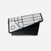 Black leather trifold wallet with white geometric stitched leather applique on flap