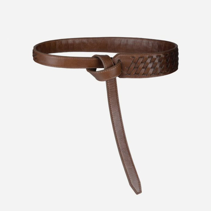 Timeless tan brown leather waist belt with woven detailing and knot closure on white background