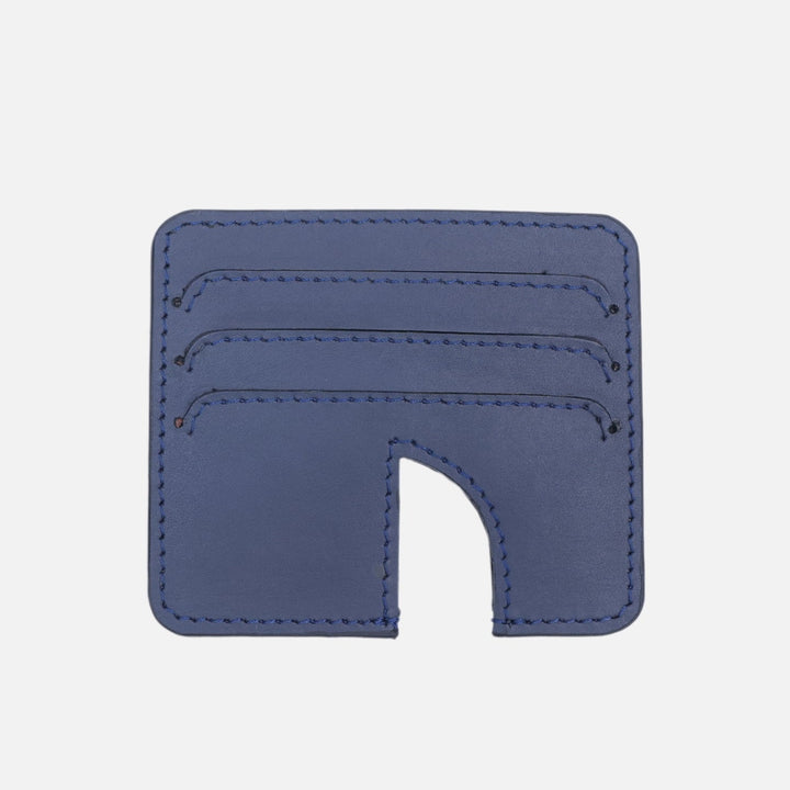 Timeless metallic blue leather card holder with three card slots and stitched edges
