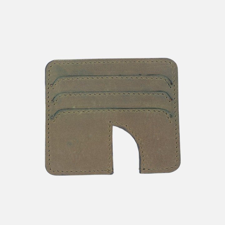 Timeless olive green upcycled leather card holder with three card slots, handcrafted in India