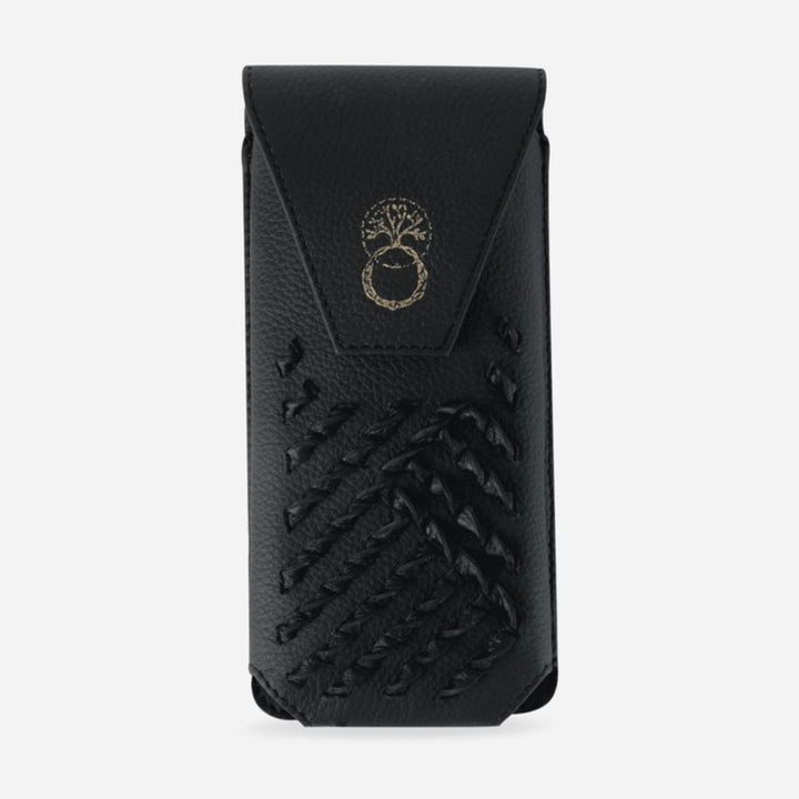 Black upcycled leather phone sling with woven detail and gold tree logo on flap