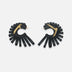Pair of black leather hoop earrings with gold thread detail and fringe design on white background