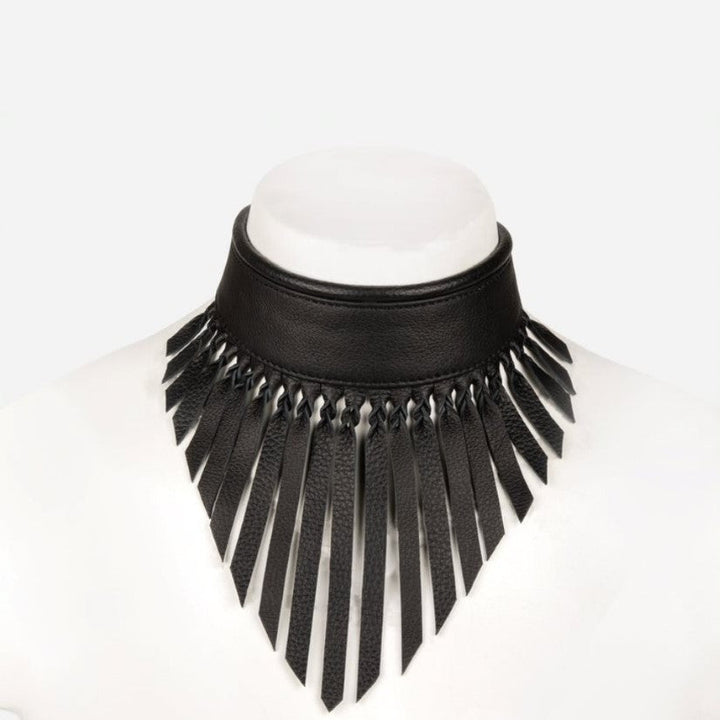 Black leather choker necklace with fringe details displayed on white mannequin bust