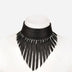 Black leather choker necklace with fringe details displayed on white mannequin bust